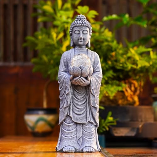 Yeomoo Solar Buddha-figur, höjd 36 cm med LED & Craquelé-utseende – stor spirituell zendekoration för trädgård, terrass och vardagsrum, present för kvinnor, mamma, män (meditation, yoga, feng shui