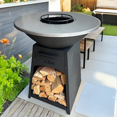 Plancha - BBQ - Grill - Brasero - Plaque de cuisson - Extérieur - Plancha - Anneau de barbecue - ASH NOVA Large - Cheminée de jardin - Barbecue - Rangement du bois - Aspect luxueux - Plaque de cuisson
