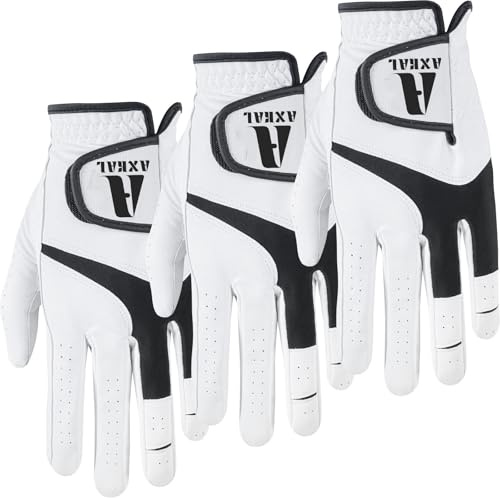 AXKAL Golf Gloves Men Cabretta Leather Breathable Design Value 3 Pack, Soft Men’s Golf Gloves All Weather Grip for Left Right Handed Golfer S M ML L XL (ML, Left)
