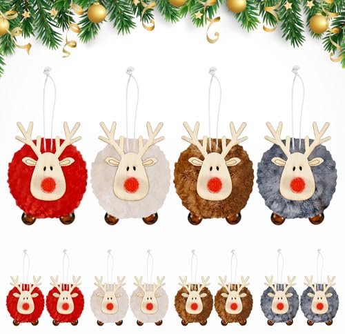 12 Pezzi Ornamenti Natalizi in Peluche a di Renna, Pendenti Legno Natalizi Addobbi Albero,Decorazioni Pendenti Albero di Natale Vacanze, Decorazioni Per Feste