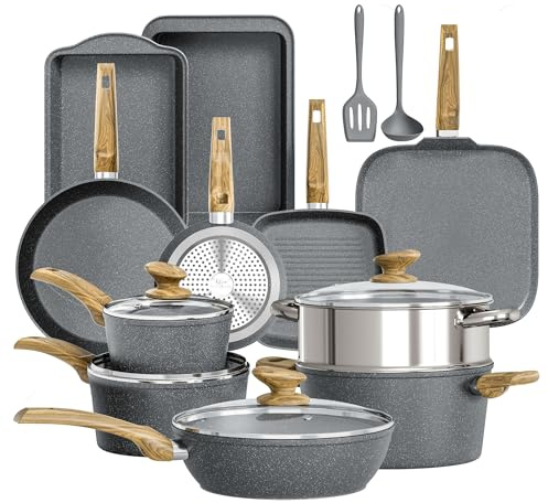 DishDelight Induction Pots Set, 17-Piece Pan Set, Non-Stick Pot Set and Pans Set, Granite Coating, Grey Cookware Cooking Pot, Frying Pan with Glass Lids