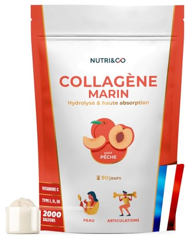 NUTRI & CO Collagene Marin Poudre Types 1, 2, 3 + Vitamine C, Breveté Naticol® & Cartydiss®, Peau Hydratée Soutien Articulaire, Peptides Hydrolysés 2000 DA, 540g Goût Neutre 90jrs (Pêche)