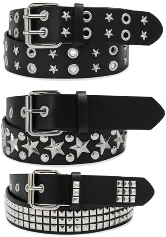Dermalyx 3 Pièces Ceintures Noires Avec Clous, Accessoire Punk Rock Style Y2K Avec Pyramides Métalliques, Ceinture Vintage Gothique À Boucles Étoile, Ceinture Cloutée, Ac