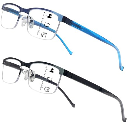 BONCAMOR Progressive Multifocus Reading Glasses for Women and Men Metal Half Frame Anti Blue Light Multifocus Readers (Blue Black, 2.75, x)