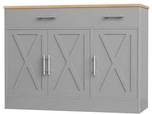 Shintenchi Modern Farmhouse Sideboard Buffet Cabinet with Storage with 3 Doors,42 Barn Doors Buffet Cabinet with Storage,Wood Coffee Bar Cabinets with Adjustable Shelf for Kitchen,Living Room,Grey