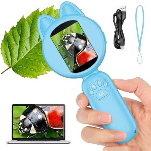 Ambesty Microscopio digitale per bambini, con schermo IPS da 2,0, ricaricabile, zoom 200x, microscopio tascabile per bambini, 8 LED, per bambini dai 3 ai 12 anni
