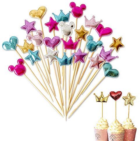 Dulau 40 Pezzi Cake Topper Compleanno Decorazione per Torte e Cupcake Colore Misto, Forma in Pelle PU di Corona, Pentagramma, Cuore Cupcake Topper per Matrimoni, Feste, Decorazioni Alimentari