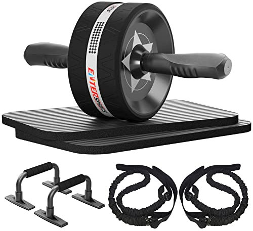 EnterSports Bauchroller Bauchmuskeltrainer ABS Roller, 6-in-1 Bauchtrainer mit Fitnessband, Liegestütze, Kniematte für Zuhause,Fitness Geräte, Bauchmuskel Roller, Gut für Heimtraining