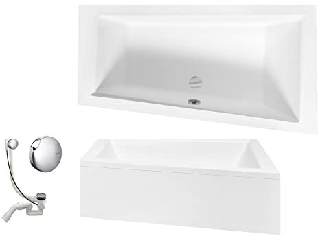 VBChome Badewanne 150x85 cm Acryl SET Schürze Siphon Wanne Ecke Eckbadewanne Weiß Design Modern Ablaufgarnitur Wanne rechts Schürze Ablaufgarnitur Füße