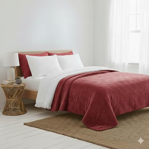 HaraDeco-Manta para Cama 150/160 de Borrego Sherpa, Acolchado Relleno Ligera, Manta Franela Termosellado Reversible Elegante para Regalo, Invierno, Entretiempo(Granate, 225x260cm)