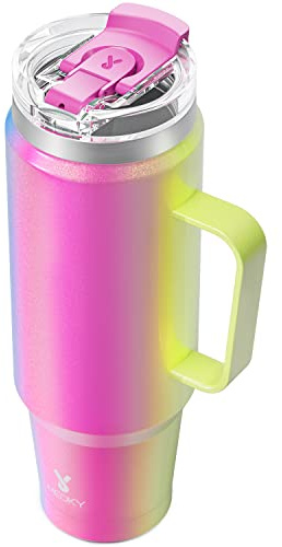 Meoky 40 oz tumlare med handtag, rostfritt stål resemugg med 2-i-1 sugrör och sipplock, vakuumisolerad kaffemugg, 100 % läckagesäker, håller kylan i 34 timmar eller varm i 10 timmar (karneval)