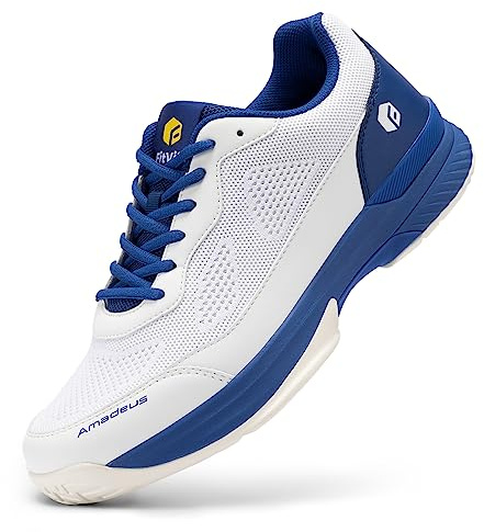 FitVille Chaussures de Tennis pour Homme Extra Larges Baskets d'intérieur Antidérapantes Chaussures de Badminton Fitness Respirantes Confortables Blanc/Bleu 41 EU X-Large
