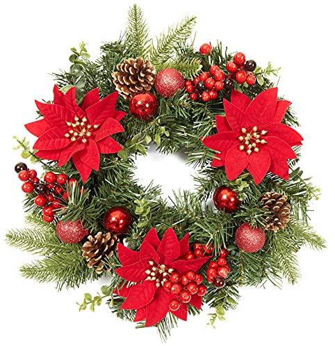 LinTimes 16 Inch Christmas Wreath for Front Door, 40cm Red Artificial Wreaths with Xmas Baubles, Xmas Flowers, Berries and Pine Cones for Fireplace Wall Window Door Christmas Outside Decoration