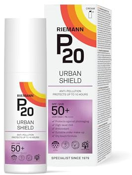 P20 Solkräm SPF 50+, Urban Shield, solskydd upp till 10 h, trippelskyddsteknik, UVA/UVB-strålskydd, antioxidant med vitamin C+E, vatten- och veganbeständig, 50 ml