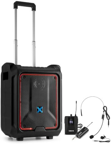 VONYX SPLASH300 Weatherproof Portable PA Speaker System with Wireless Headset Microphone, Bluetooth, LED Lights, Trolly Handle and Wheels - 200W
