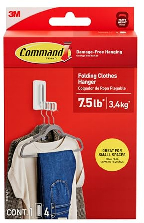 Command Folding Clothes Hanger, Holds up to 5 Hangers 7.5 lb, 1.5lbs per Rung, 1 Hook with 5 Rungs, 3 Strips, Closet Organizer, Home Organization