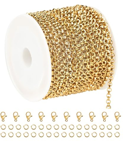 UMAOKANG 16.4 Feet Gold Plated Chain for Jewelry Making Stainless Steel Chains Bulk Flat Circle Link Chain Men and Women Necklace Bracelet DIY Jewelry Findings