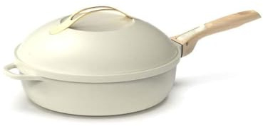 COOKUT Den fantastiska 8-i-1-24 cm stekpannan - ett enda redskap som ersätter stekpanna, kastrull, stekpanna, gryta - med 2 avtagbara handtag, ång-/stekkorg, träspatel - MERINGUE