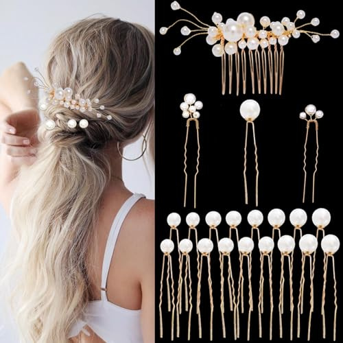 21 Pieces Gold Wedding Bridal Hair Accessories Pearl Hair Pins U Shaped Hair Combs Barrettes Headpiece for Bridesmaid Women Girls