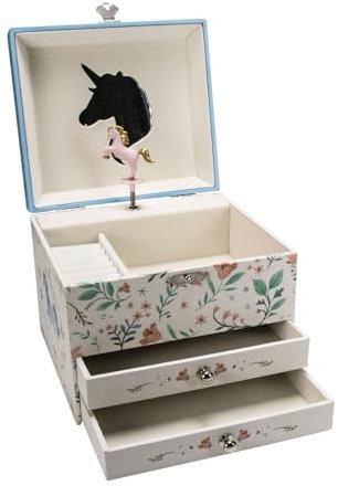 GICO 92065 Boîte à bijoux licorne avec deux tiroirs pour fille - Boîte à bijoux avec musique - Figurine rotative et miroir - Cadeau d'anniversaire pour fille