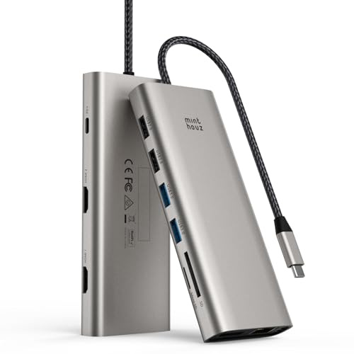 Minthouz USB C Docking Station,12 in 1 Triple Monitor USB C Hub für Dell HP Lenovo,Thunderbolt4 & 100W PD, 4K@144Hz DP+2×HDMI, 4×Type 3.0/2.0, Gigabit LAN, SD/TF Mini Dock für Win11/macOS13+Linux