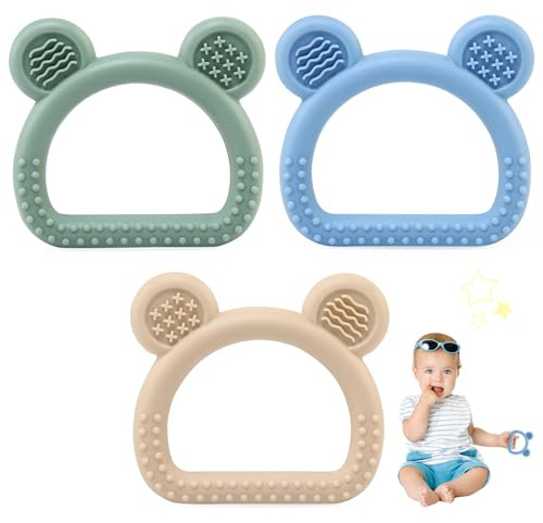 LEADSTAR 3 Pack Baby Teething Toys,Teethers for Babies 0-6 3-6 6-12 Months, Soft and Textured Bear Teething Rings Silicone Teething Baby Boy Girl Shower Gifts Teething Relief Chew Toys