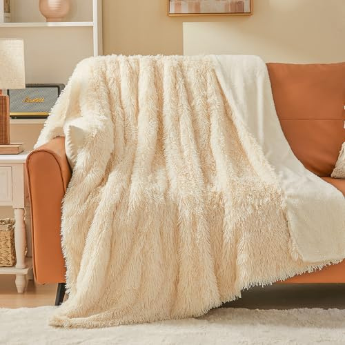EMME Fuskpälsfilt, supermjuk, tjock och elegant, fluffig mikrofiberfilt, varm mysig vändbar överkast, krämvit, 130 x 150 cm