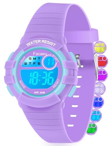 Facasu Kids Digital Watch for Girls Boys,Colorful Light Waterproof Children's Outdoor Sport Toddler Watch with Stopwatch Alarm for Kids Ages 4-8(Purple)