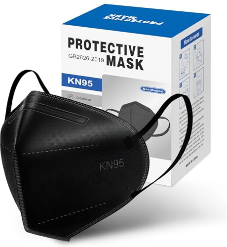 KN95 Face Masks 50pcs Black Disposable Safety Respirator 5 Layer 3D Design Cup Dust Protective Filter Efficiency≥95% Breathable Comfortable Elastic Ear Loops Individually Wrapped