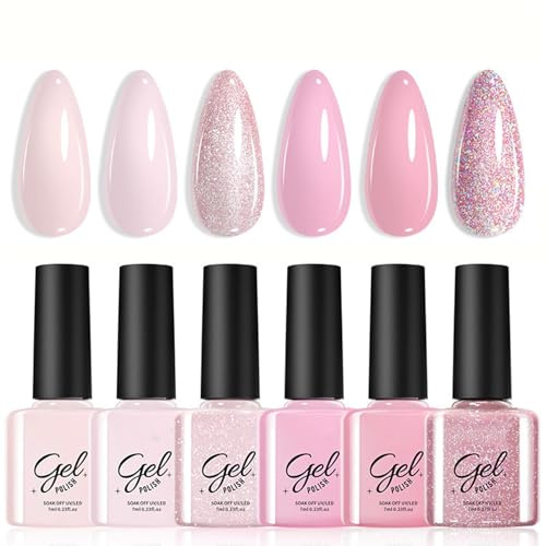 6Pcs Pink Gel Polish Set - Nude Pink Gel Nail Polish - Pastel French Nail Polish Set- Glitter Pink Soak Off UV LED Gel Polish Kit - Long Lasting Nail Varnish - DIY Manicure Gift for Women