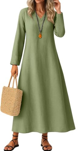 Robe Tee Shirt Femme Longue Femme Robe Longue Femme Coton et Lin Couleur Autumn Casual Boho Col en V à Volants A-Line Manches Longues Robes pour Femmes Automne Vacances Multicolore L
