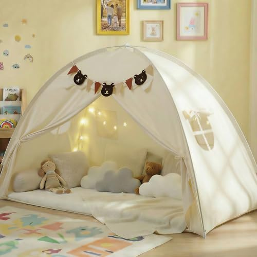 Bed Tent Twin, Bunk Bed Tents Canopy with Stars Light, Privacy Space Sleeping Indoor Portable Floor Canopy with Storage Bag Playhouse for Twin Mattress Birthday Gift, Beige