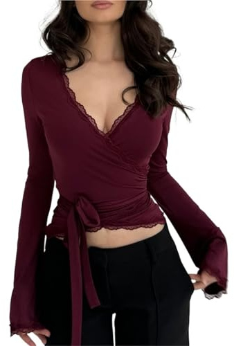 GMGQJST Scaldacuore Danza Bambina Top Avvolgente da Donna con Bordo in Pizzo, Maniche Lunghe, Scollo a V, for Allenamento e Yoga, vestibilità Slim, con Lacci sul Davanti(Color 05,S)