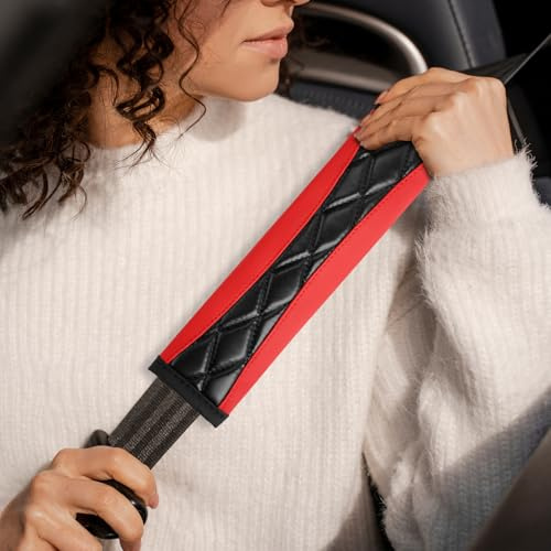 2 cinghie per auto, imbottiture in morbida pelle per cinture di sicurezza auto, protezioni traspiranti per cinture di sicurezza per bambini e adulti, compatibili con tutti i veicoli (rosso)