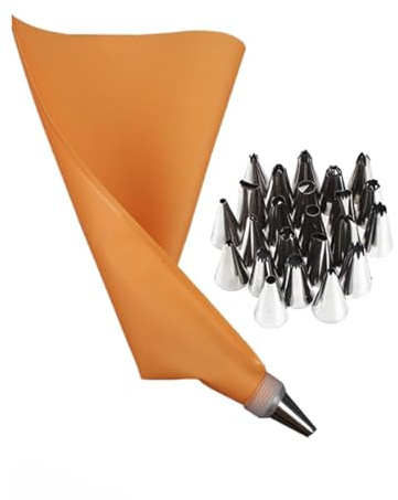 26 st spritsmunstycken for bakverk, glasyrmunstycken i rostfritt stål, ryska spetsar, spritsmunstycken med EVA-påsar, dekorationsmunstycken for bakning(Oranje)