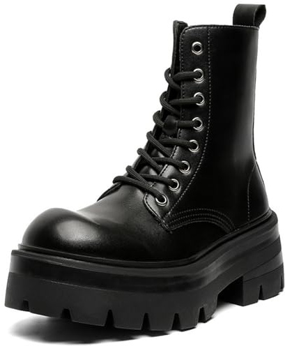 CrazySavage Men's Black Leather Lace-up Platform Combat Boots Wide Toe Side Zipper Chunky Heel Lug Sole Ankle Booties Comfort High Top Waterproof Biker Boots (9,Black B)