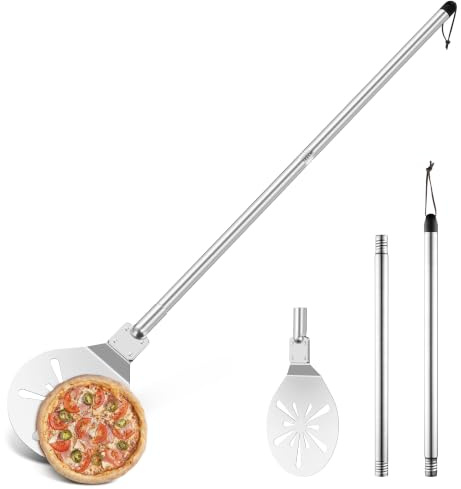 Herogo pizzaspade 25 cm rostfritt stål pizzaspade rund pizzaspade | Perforerad pizzasvarv, rund metall pizzaspade med långt avtagbart metallhandtag, lätt att rengöra, 22,8 x 25,4 x 122 cm