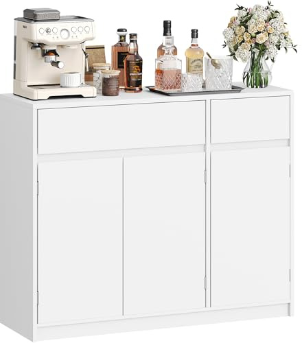 Hzuaneri Sideboard, Küchenschrank, Aufbewahrungsschrank mit 2 Schubladen, 3 Schranktüren, verstellbaren Einlegeböden, Modernem Stil, Küche, Wohnzimmer, 33 x 100 x 81,5 cm, Weiß SC32003X
