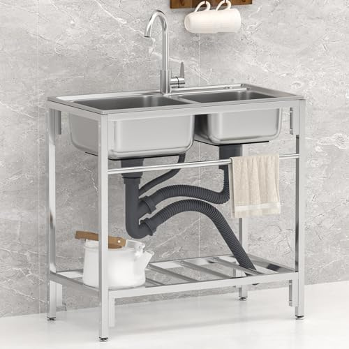 Lavello da cucina commerciale a doppia vasca, autoportante, in acciaio inox, con rubinetto freddo e caldo, per garage, lavanderia, bar, ristorante, 83 x 44 x 85 cm