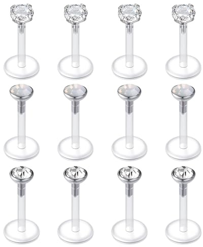 LAURITAMI 12 Stück 16G Lippenpiercing Bioflex Flexibe Labret Stud, Ohr Tragus Piercing Labret Piercing Chirurgenstahl & Acryl 8mm
