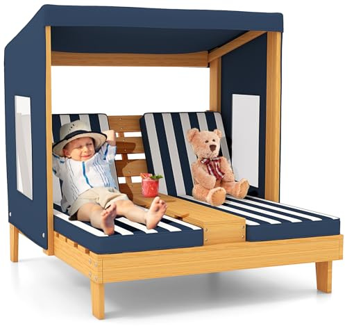 COSTWAY Kids Double Chaise Lounge, Wooden Garden Sun Lounger Patio Chair with Awning, Cushions & Cup Holders, 2 Seats Outdoor Children’s Furniture for 3-8 Years Old, 81 x 93 x 90cm