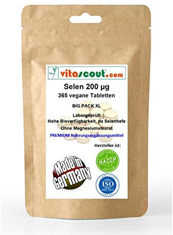 Selen 200 mcg/µg - 365 Tabletten - OHNE MAGNESIUMSTEARAT - MADE IN GERMANY - vegan aus Selenhefe