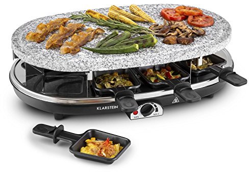 Klarstein Steaklette Raclette avec grille 1500 W, régulateur de température, 3 plaques interchangeables, plaque en pierre, pour 8 personnes.