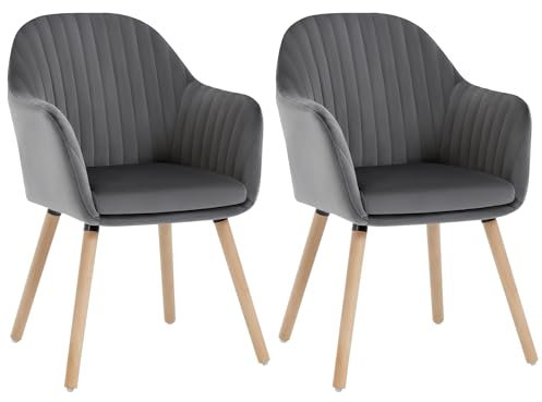 WOLTU Esszimmerstühle 2er Set, für Schlafzimmer Küche Wohnzimmer, Küchenstühle gepolstert mit Armlehne, aus Samt Massivholz, Dunkelgrau