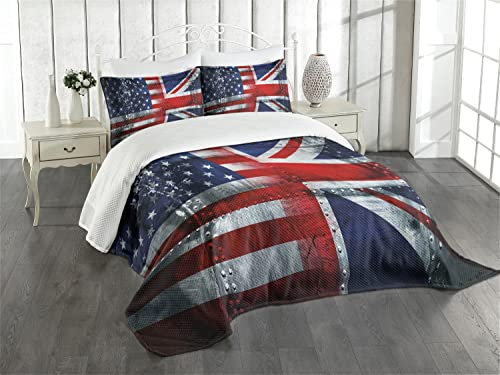 ABAKUHAUS Union Jack Tagesdecke Set, Allianz UK und USA, Set mit Kissenbezügen Waschbar, für Einzelbetten 170 x 220 cm, Weiß Blau