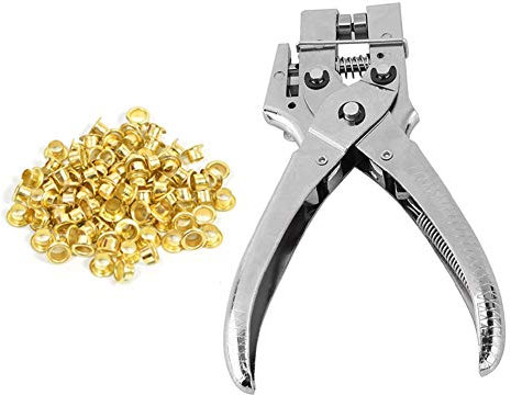 WedDecor Heavy Duty Hole Punch Plier Kit with 4mm Gold Brass Eyelets – Grommet Setting Tool for Leathercraft, DIY, Repairs – Includes 100 Eyelets