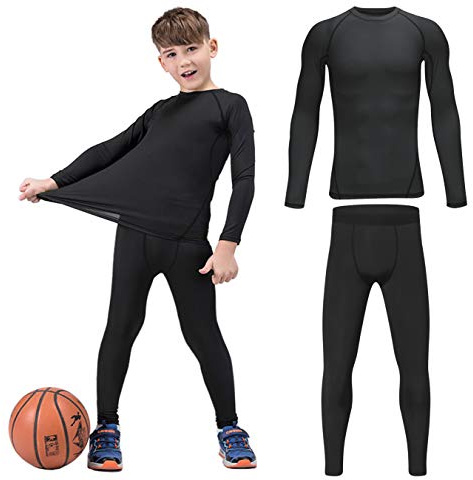 HOPLYNN Youth Boys' Compression Leggings Athletic Shirt Tights Top Base Layer Set Sports Youth for Kids Balck XL