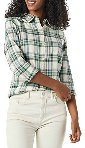 Amazon Essentials Women's Långärmad lätt rutig flanellskjorta klassisk passform, Elfenbensvit Grön Alpin rutig, S