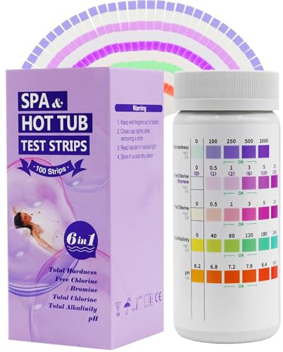 100 kits de prueba de spa, calibrados para manantiales/agua tibia para maximizar la precisión, 6 tiras de prueba para dureza total, cloro libre, bromo, cloro total, alcalinidad y pH