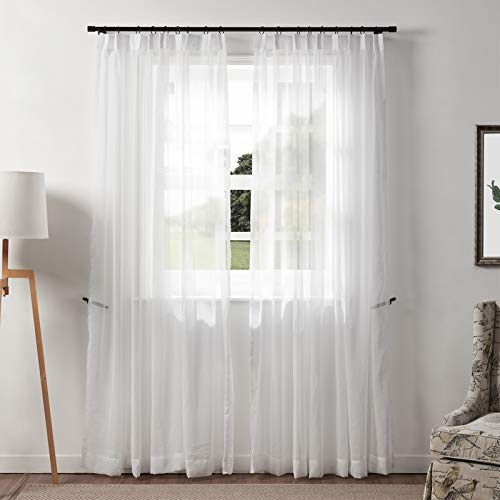 ChadMade Sheer Linen Curtain Panel Pinch Pleat White Semi Sheer Drapery for Living Room Window Treatment, 108 Inches Long Sheer Curtain White 52Wx108L, (1 Panel) Sabina Collection